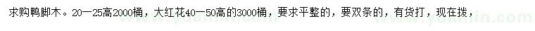 求購高20-25公分?zhù)喣_木、高40-50公分大紅花