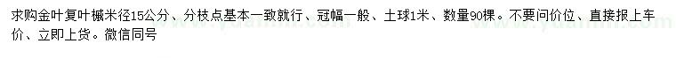 求購米徑15公分金葉復葉槭