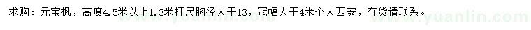 求購1.3米量13公分以上元寶楓