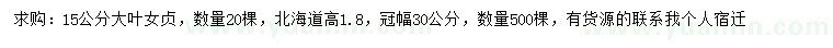 求購15公分大葉女貞、高1.8米北海道