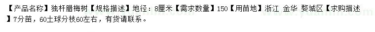 求購地徑8公分臘梅樹