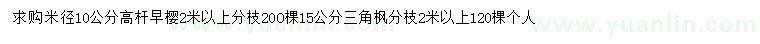 求購(gòu)米徑10公分高桿早櫻、15公分三角楓