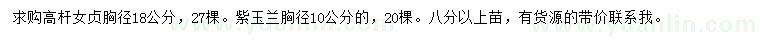 求購胸徑18公分高桿女貞、胸徑10公分紫玉蘭