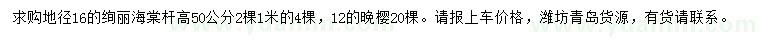 求購(gòu)高50公分海棠、12公分晚櫻
