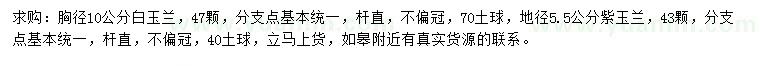 求購胸徑10公分白玉蘭、地徑5.5公分紫玉蘭