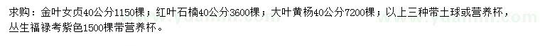 求購金葉女貞、紅葉石楠、大葉黃楊等