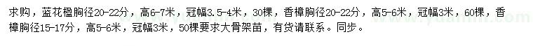 求購胸徑20-22公分藍(lán)花楹、胸徑15-17、20-22公分香樟