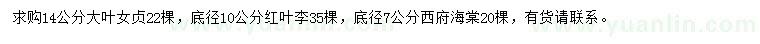 求購大葉女貞、紅葉李、西府海棠