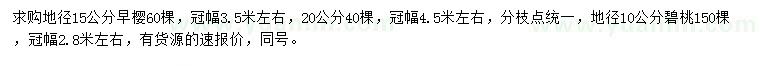 求購地徑15公分早櫻、地徑10公分碧桃