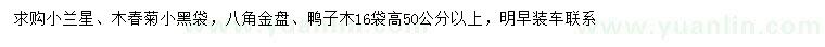 求購小蘭星、木春菊、八角金盤等