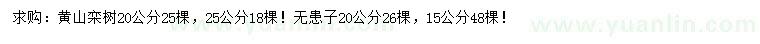 求購20、25公分黃山欒樹、15、20公分無患子