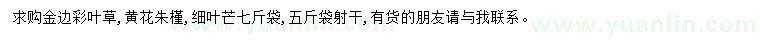 求購金邊彩葉草、黃花朱槿、細葉芒等
