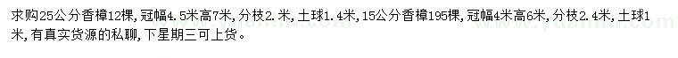 求購15、25公分香樟