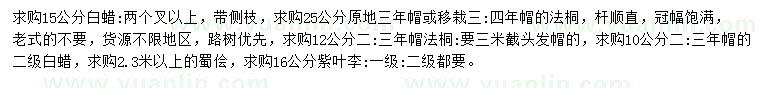 求購白蠟、法桐、蜀檜等