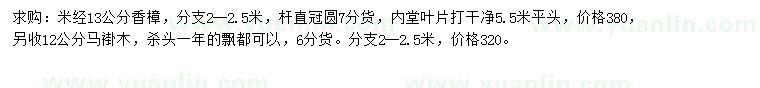 求購(gòu)米徑13公分香樟、12公分馬褂木