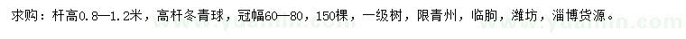 求購冠幅60-80公分冬青球