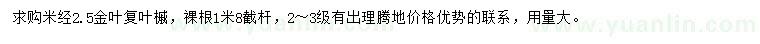 求購米徑2.5公分金葉復葉槭