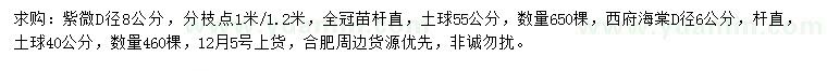 求購地徑8公分紫薇、地徑6公分西府海棠