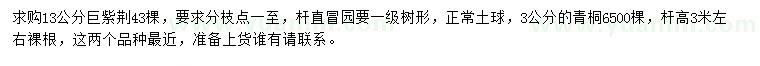 求購13公分巨紫荊、3公分青桐