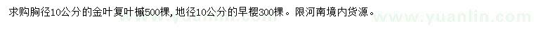 求購胸徑10公分金葉復(fù)葉槭、地徑10公分早櫻