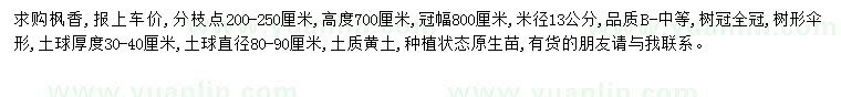 求購米徑13公分楓香