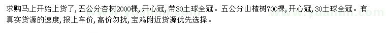 求購5公分杏樹、山楂樹