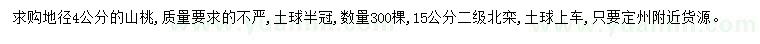 求購(gòu)地徑4公分山桃、15公分北欒