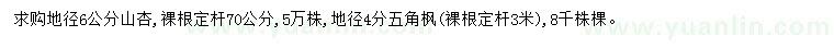 求購地徑6公分山杏、地徑4分五角楓