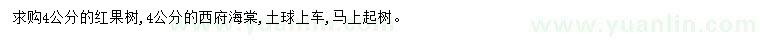 求購4公分紅果樹、西府海棠