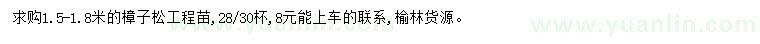 求購1.5-1.8米樟子松