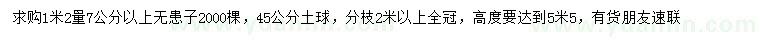 求購1.2米量7公分以上無患子