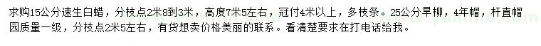求購(gòu)15公分速生白蠟、25公分旱柳