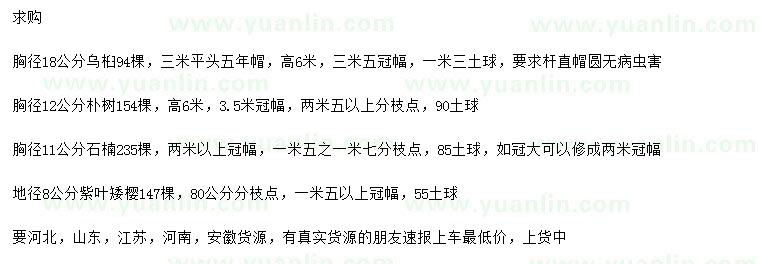 求購(gòu)烏桕、樸樹、石楠等