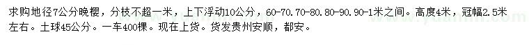 求購地徑7公分晚櫻
