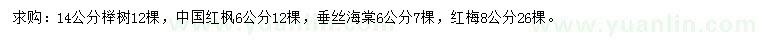 求購櫸樹、中國紅楓、垂絲海棠等