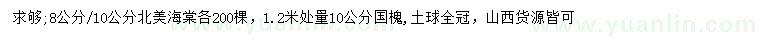 求購8、10公分北美海棠、1.2米量10公分國槐