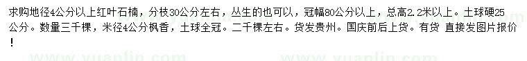 求購地徑4公分以上紅葉石楠、米徑4公分楓香