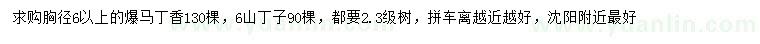 求購胸徑6公分以上暴馬丁香、山丁子