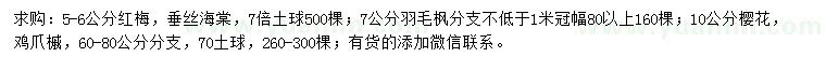 求購紅梅、垂絲海棠、羽毛楓等