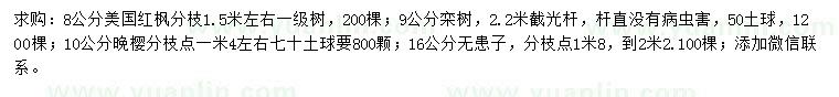 求購美國紅楓、欒樹、晚櫻等