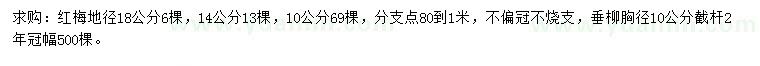 求購地徑10、14、18公分紅梅、胸徑10公分垂柳