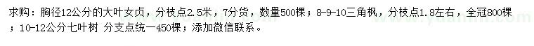 求購大葉女貞、三角楓、七葉樹