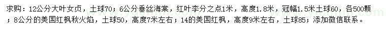 求購大葉女貞、垂絲海棠、紅葉李等