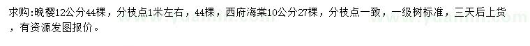 求購12公分晚櫻、10公分西府海棠