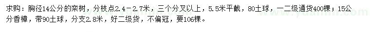 求購胸徑14公分欒樹、15公分香樟