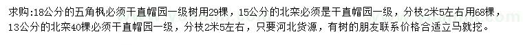 求購(gòu)18公分五角楓、13、15公分北欒