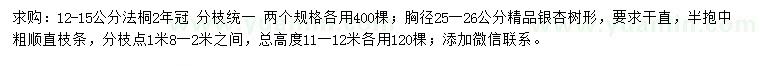 求購12-15公分法桐、胸徑25-26公分銀杏