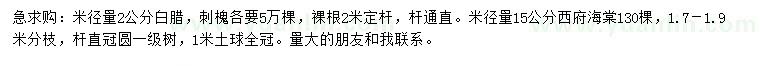 求購米徑2公分白蠟、米徑15公分西府海棠