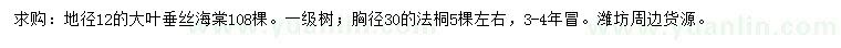 求購地徑12公分大葉垂絲海棠、胸徑30公分法桐