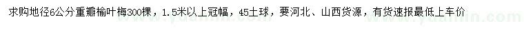求購(gòu)地徑6公分重瓣榆葉梅